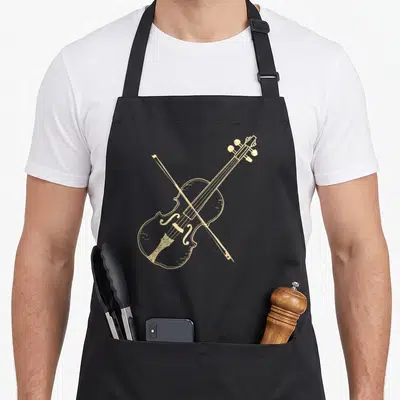 Musician fiddle apron - Gold line art violin and bow crossing diagonally — shown on a black cotton canvas apron against a white background