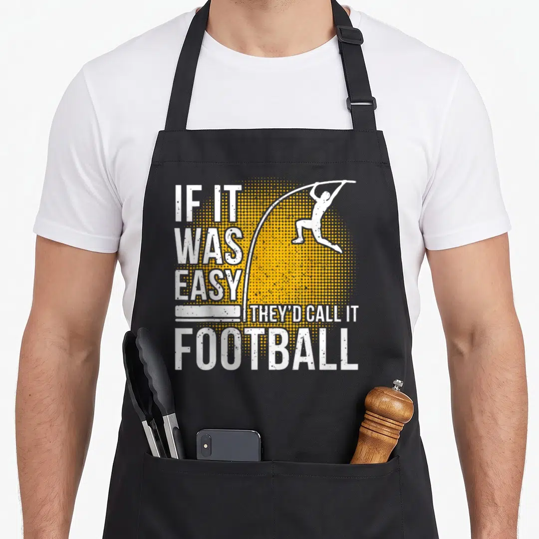Pole easy apron - White text and athlete silhouette on yellow halftone circle background — shown on a black cotton canvas apron against a white background