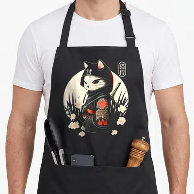 Ninja cat apron - Grey samurai cat with red flowers and kanji text on a white circle — shown on a black cotton canvas apron against a white background