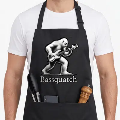 Bassquatch bigfoot apron - Realistic Bigfoot playing bass guitar with Bassquatch text on black bar — shown on a black cotton canvas apron against a white background