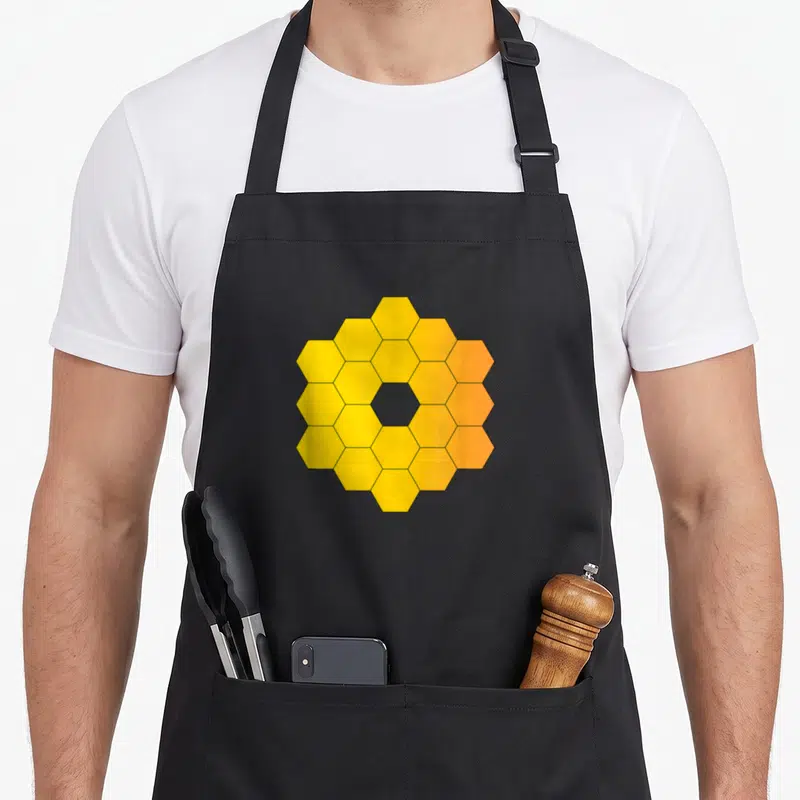 Webb science apron - Yellow and orange hexagons forming a ring with a missing center cell — shown on a black cotton canvas apron against a white background