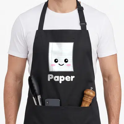 Costume paper apron - Cartoon lined paper character with smile and pink cheeks above white text reading Paper — shown on a black cotton canvas apron against a white background