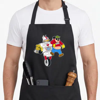 Gizmoduck beagle apron - Robot duck holding money bag next to dog with 176-617 tag — shown on a black cotton canvas apron against a white background