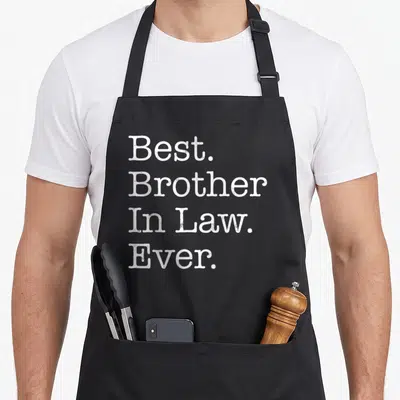 Retro brother in law apron - White stacked text reading Best Brother In Law Ever on grey background — shown on a black cotton canvas apron against a white background