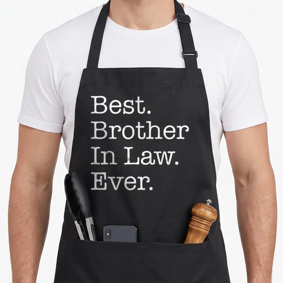 Retro brother in law apron - White stacked text reading Best Brother In Law Ever on grey background — shown on a black cotton canvas apron against a white background