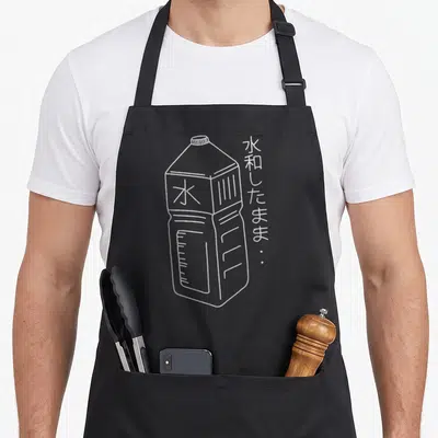 Stay line apron - White line drawing of water bottle with Japanese text and single kanji character — shown on a black cotton canvas apron against a white background