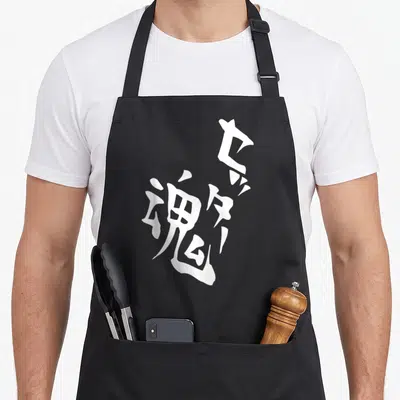 Setter anime apron - Two white calligraphy characters stacked vertically on black fabric — shown on a black cotton canvas apron against a white background