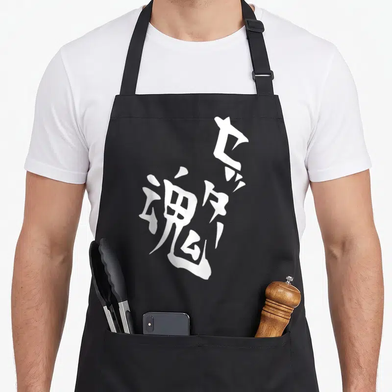 Setter anime apron - Two white calligraphy characters stacked vertically on black fabric — shown on a black cotton canvas apron against a white background
