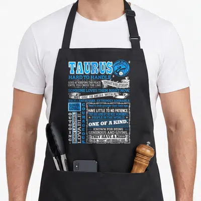 Hard taurus aprons - Taurus Hard To Handle typography design with bull symbol and overlapping banners in blue and white — shown on a black cotton canvas apron against a white background