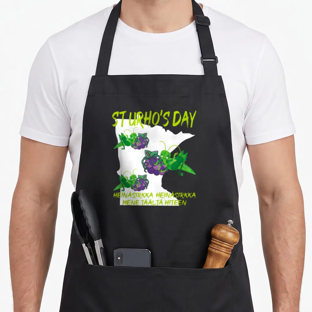 Urho minnesota aprons - White Minnesota map with lime green grasshoppers, purple grapes, and Finnish text — shown on a black cotton canvas apron against a white background