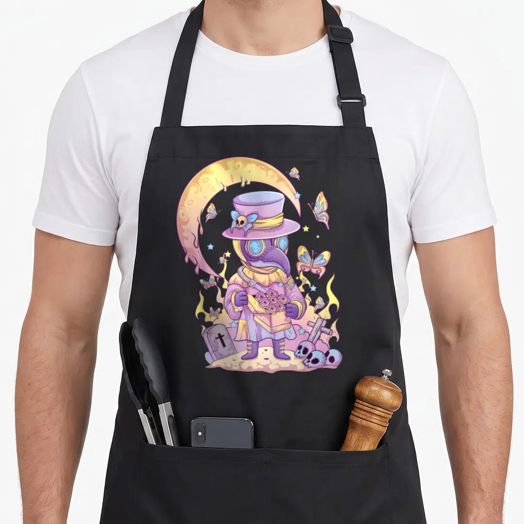 Plague goth apron - Cartoon plague doctor holding flowers under a crescent moon with purple, yellow, and blue accents — shown on a black cotton canvas apron against a white background