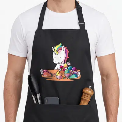 Funny unicorn cupcake apron - Cartoon unicorn piping rainbow frosting on cupcakes with scattered bags — shown on a black cotton canvas apron against a white background