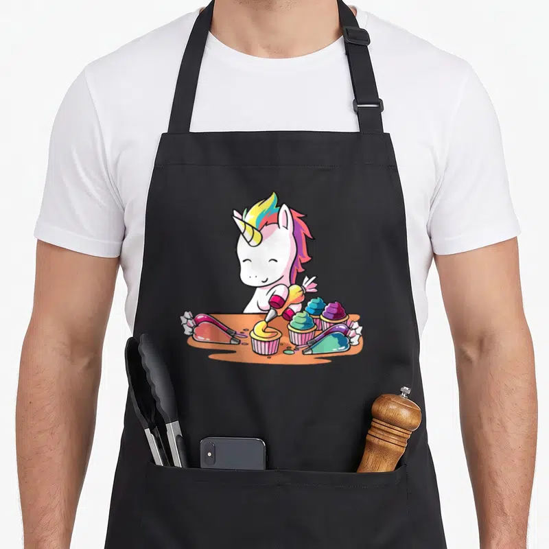 Funny unicorn cupcake apron - Cartoon unicorn piping rainbow frosting on cupcakes with scattered bags — shown on a black cotton canvas apron against a white background