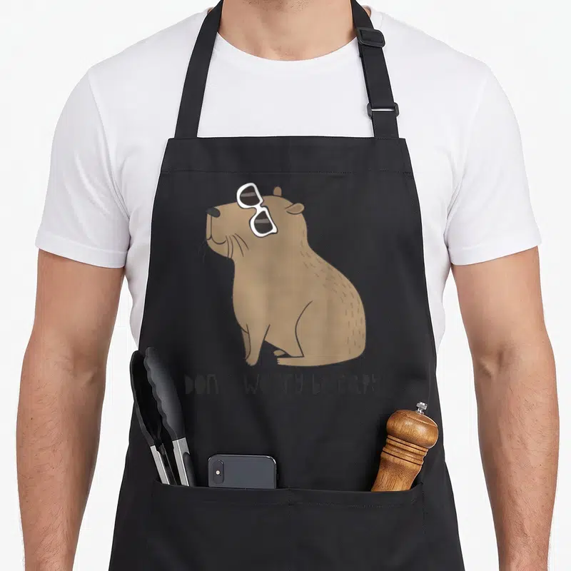 Worry capybara apron - Brown cartoon capybara wearing white sunglasses with text don't worry be capy below — shown on a black cotton canvas apron against a white background