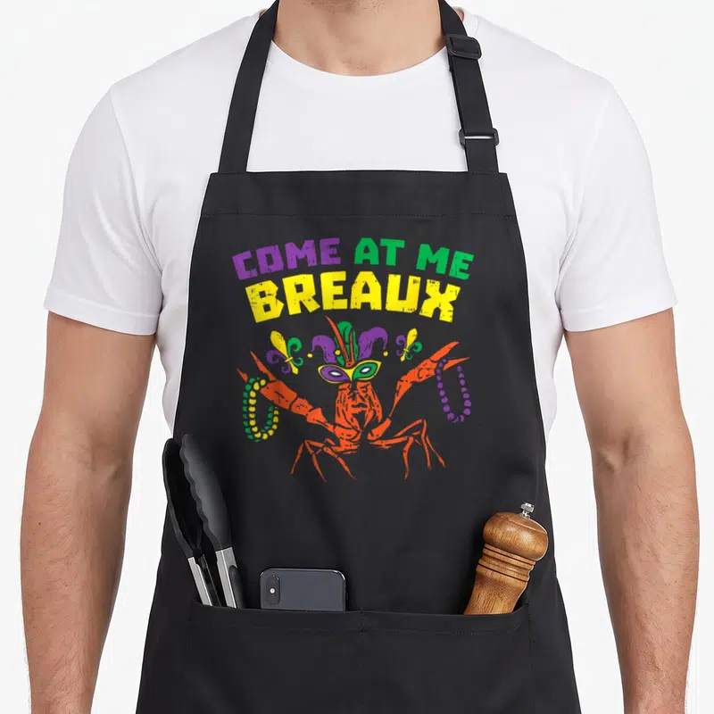 Come mardi gras aprons - Come At Me Breaux text over jester crawfish with beads and fleur-de-lis — shown on a black cotton canvas apron against a white background