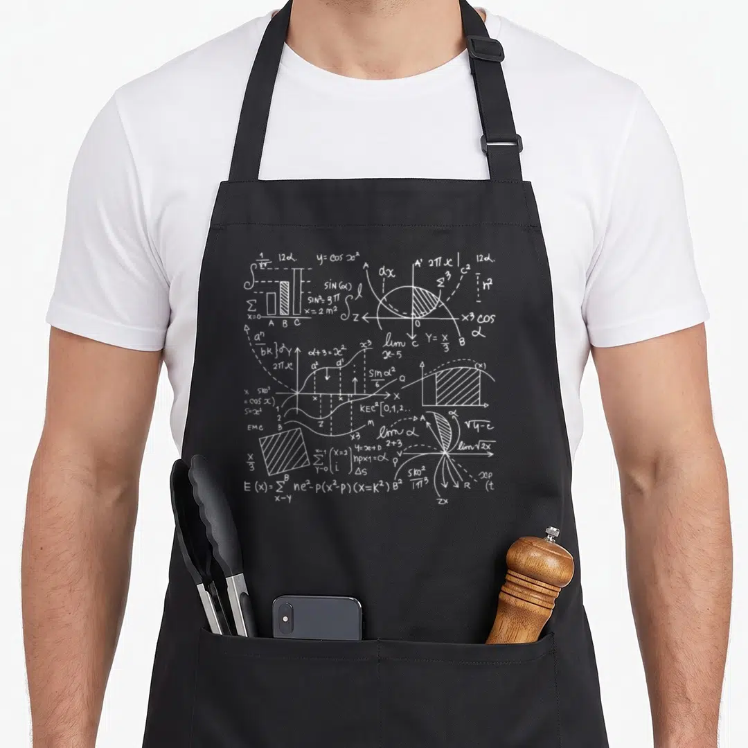Engineer teacher apron - White line art of scattered math equations, integrals, and coordinate graphs on dark fabric — shown on a black cotton canvas apron against a white background