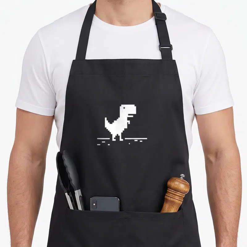 Geek dinosaur apron - White pixelated dinosaur standing on a ground line against dark background — shown on a black cotton canvas apron against a white background