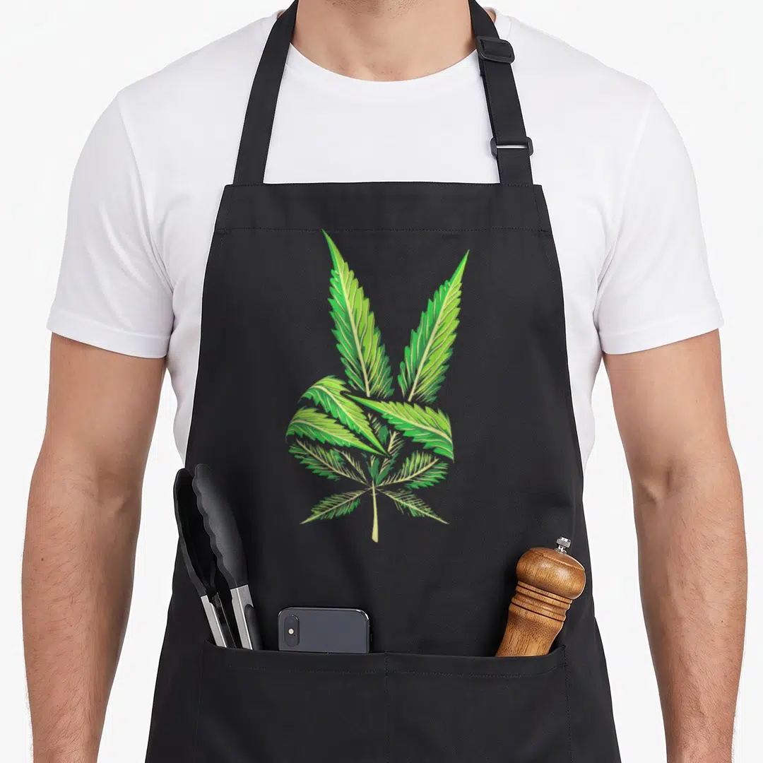 Hand peace sign apron - Realistic green cannabis leaf arranged in a V-shape pattern on grey background — shown on a black cotton canvas apron against a white background