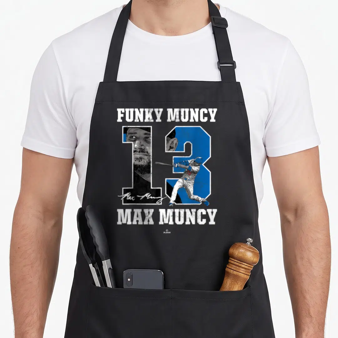 Ballpark funky apron - Funky Muncy Max Muncy number 13 distressed blue white grey baseball player design — shown on a black cotton canvas apron against a white background