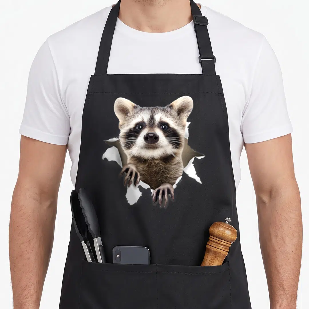 Funny raccoon apron or apron - Realistic raccoon peering through jagged white hole in grey surface with paws visible — shown on a black cotton canvas apron against a white background