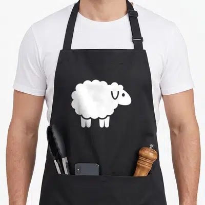 Funny sheep apron - Minimalist white sheep silhouette centered on grey background — shown on a black cotton canvas apron against a white background