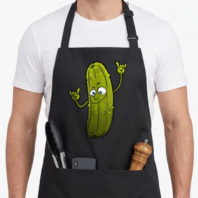 Pickle food aprons - Cartoon green pickle character with stick arms making rock hand signs — shown on a black cotton canvas apron against a white background