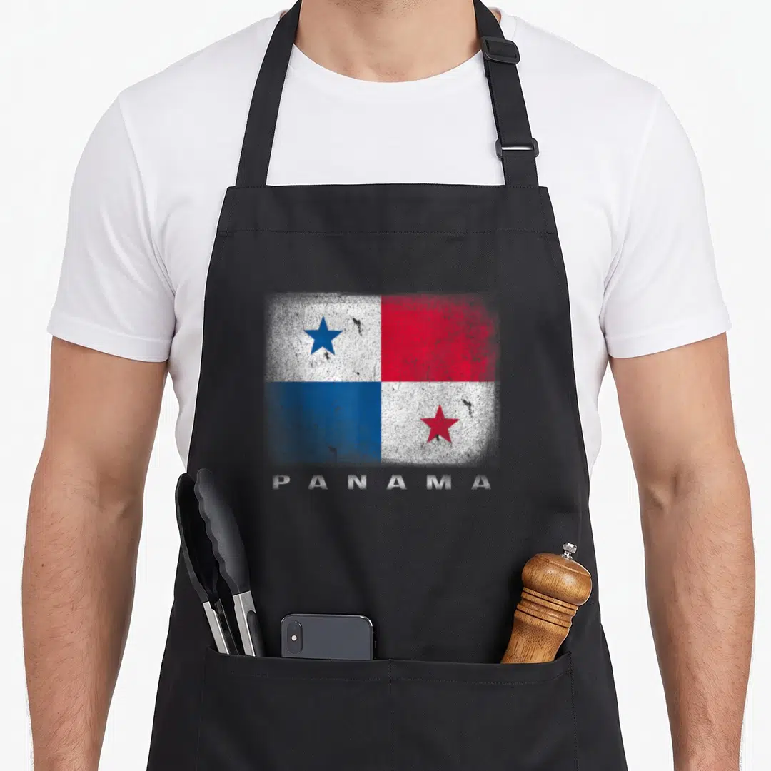 Panama flag panamanian girl apron - Distressed red blue white Panama flag with spaced text below — shown on a black cotton canvas apron against a white background