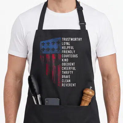 Scouting us aprons - Distressed US flag with fleur-de-lis and vertical list of 12 Scout Law values in white text — shown on a black cotton canvas apron against a white background