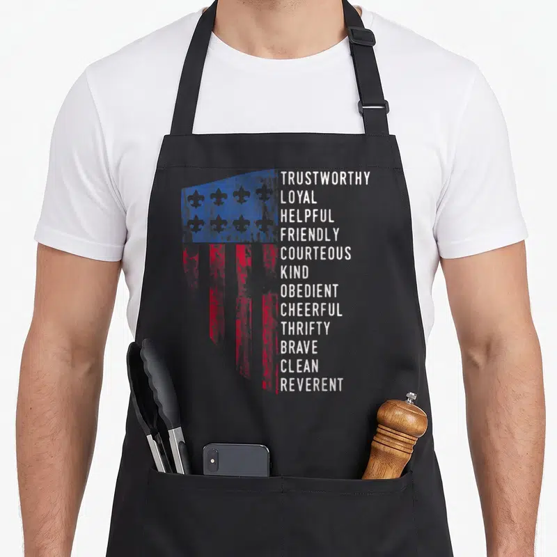 Scouting us aprons - Distressed US flag with fleur-de-lis and vertical list of 12 Scout Law values in white text — shown on a black cotton canvas apron against a white background