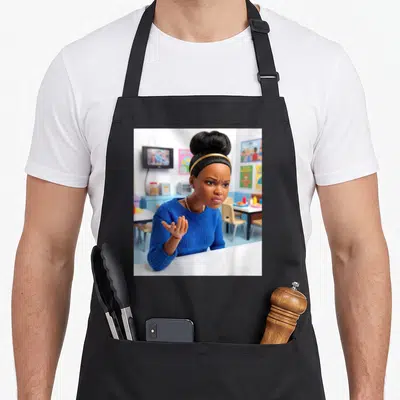 Disgusted doll apron - Photo-style woman in blue sweater with skeptical expression in classroom setting — shown on a black cotton canvas apron against a white background