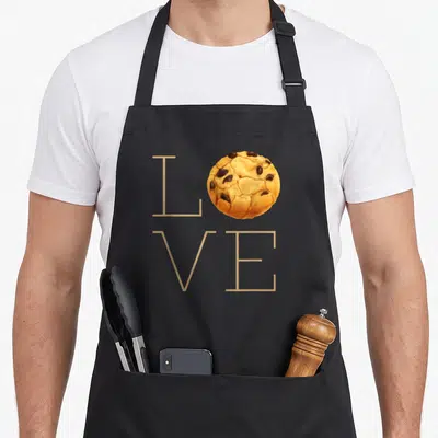 Chip cookies apron - Tan letters L and VE with a golden brown cookie replacing the O in LOVE — shown on a black cotton canvas apron against a white background