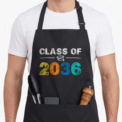 Graduation class first apron - CLASS OF 2036 text with multicolored numbers and a centered graduation cap illustration — shown on a black cotton canvas apron against a white background