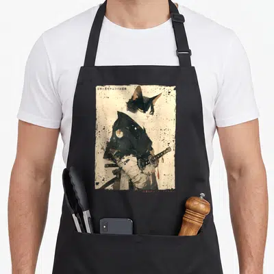Ukiyo ink cat apron - Realistic black and white cat dressed as a samurai warrior with Japanese calligraphy on a beige — shown on a black cotton canvas apron against a white background