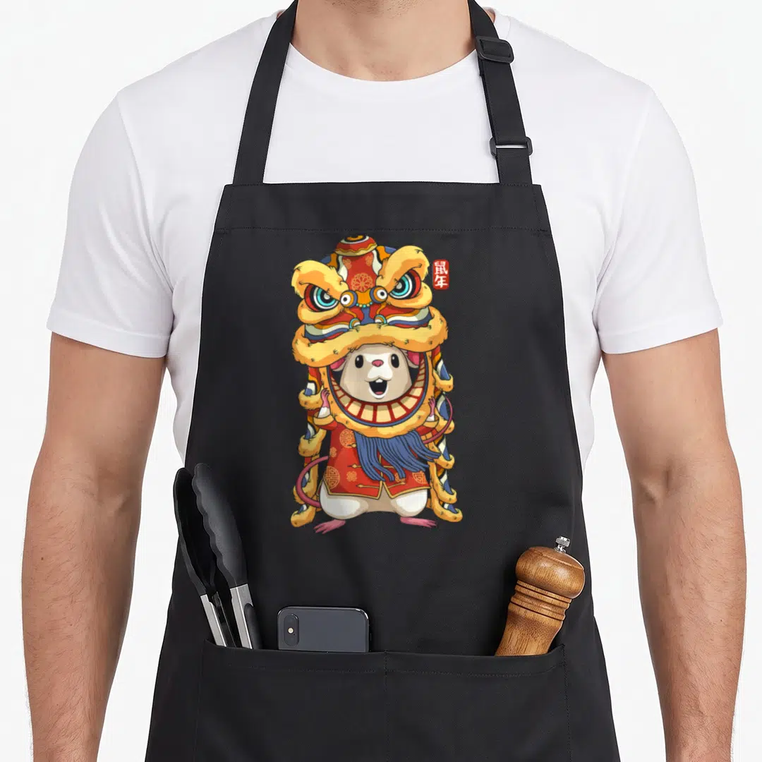 Dancing dragon apron - Cartoon rat in colorful lion costume with Year of the Rat seal stamp — shown on a black cotton canvas apron against a white background