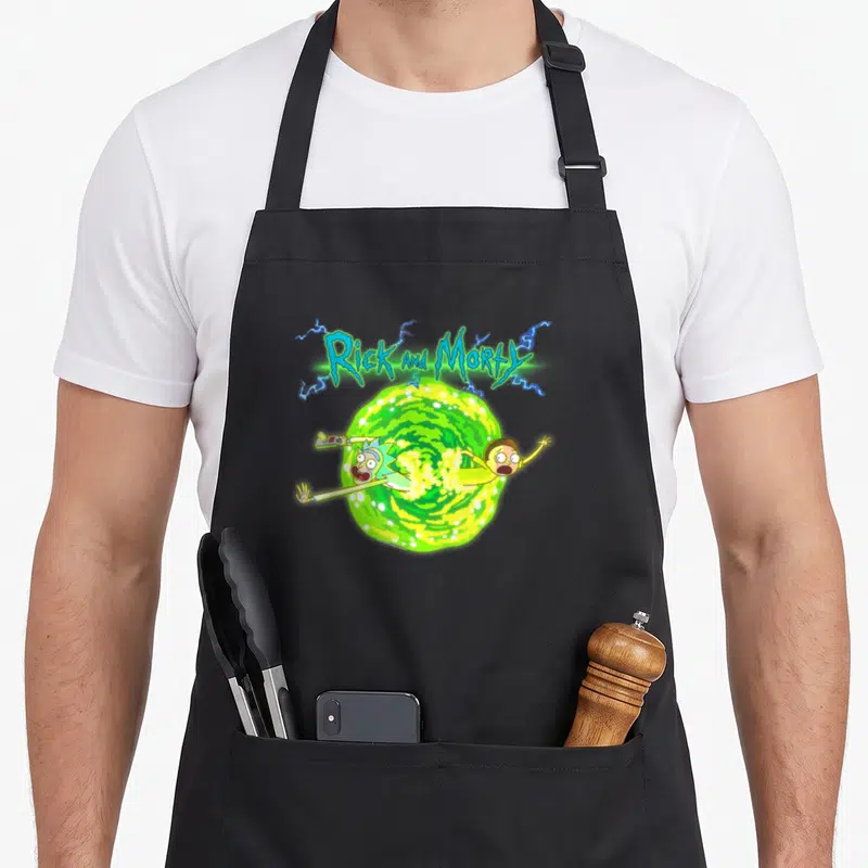 Portal general apron - Rick and Morty falling through a green portal with blue lightning text — shown on a black cotton canvas apron against a white background