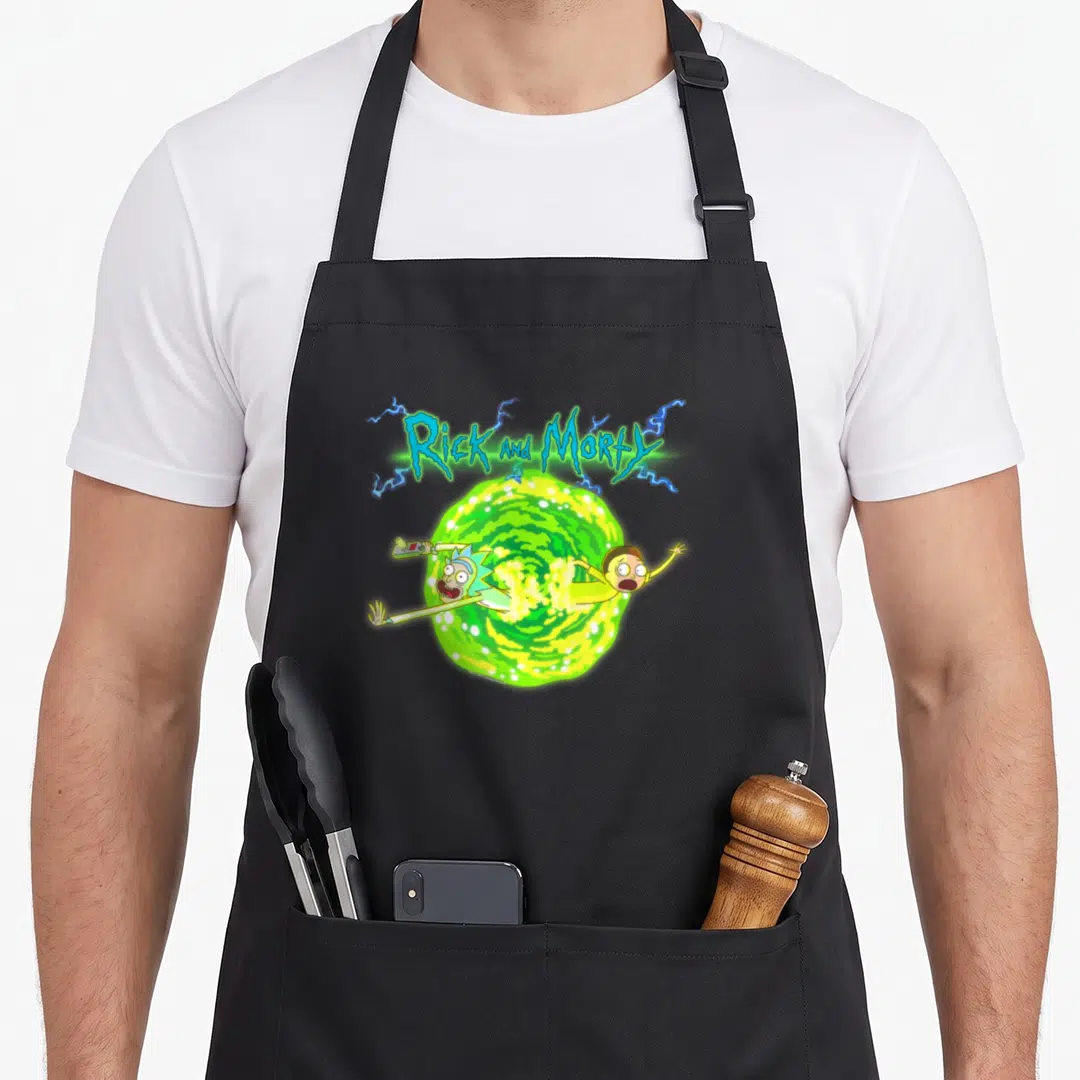 Portal general apron - Rick and Morty falling through a green portal with blue lightning text — shown on a black cotton canvas apron against a white background