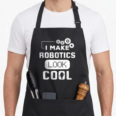 Robotic robot apron - White stacked text I Make Robotics Look Cool with four gears and robot icon on black background — shown on a black cotton canvas apron against a white background