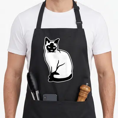 Siamese cute kitty aprons - Minimalist black and white cat illustration centered on a black bib apron — shown on a black cotton canvas apron against a white background