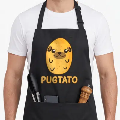 Pugtato dog breed aprons - Cartoon yellow-orange pug-potato hybrid with brown spots and PUGTATO text below — shown on a black cotton canvas apron against a white background