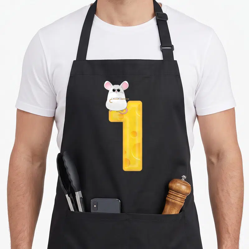 Mouse halloween apron - White mouse with sunglasses holding cane on yellow cheese number one — shown on a black cotton canvas apron against a white background