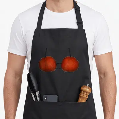 Bra bikini apron - Two brown coconuts tied with black rope resembling a bikini top — shown on a black cotton canvas apron against a white background