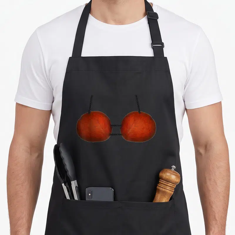 Bra bikini apron - Two brown coconuts tied with black rope resembling a bikini top — shown on a black cotton canvas apron against a white background