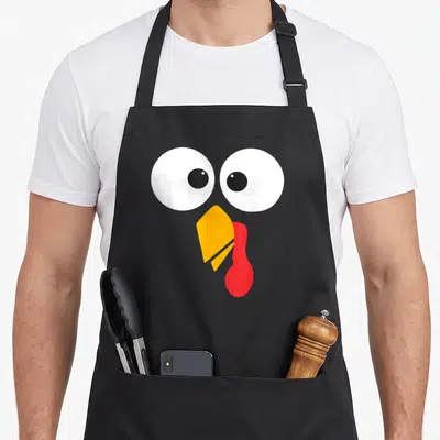 Face thanksgiving aprons - Cartoon turkey face with two white eyes, yellow beak, and red wattle — shown on a black cotton canvas apron against a white background