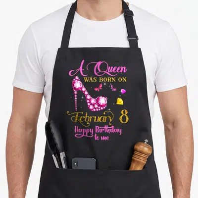 February 8th birthday apron - Pink jeweled high heel shoe with butterflies, diamonds, and gold February 8 birthday text — shown on a black cotton canvas apron against a white background