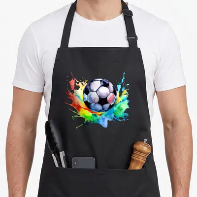 Watercolor football team aprons - Soccer ball centered on blue red yellow green white watercolor paint splashes — shown on a black cotton canvas apron against a white background