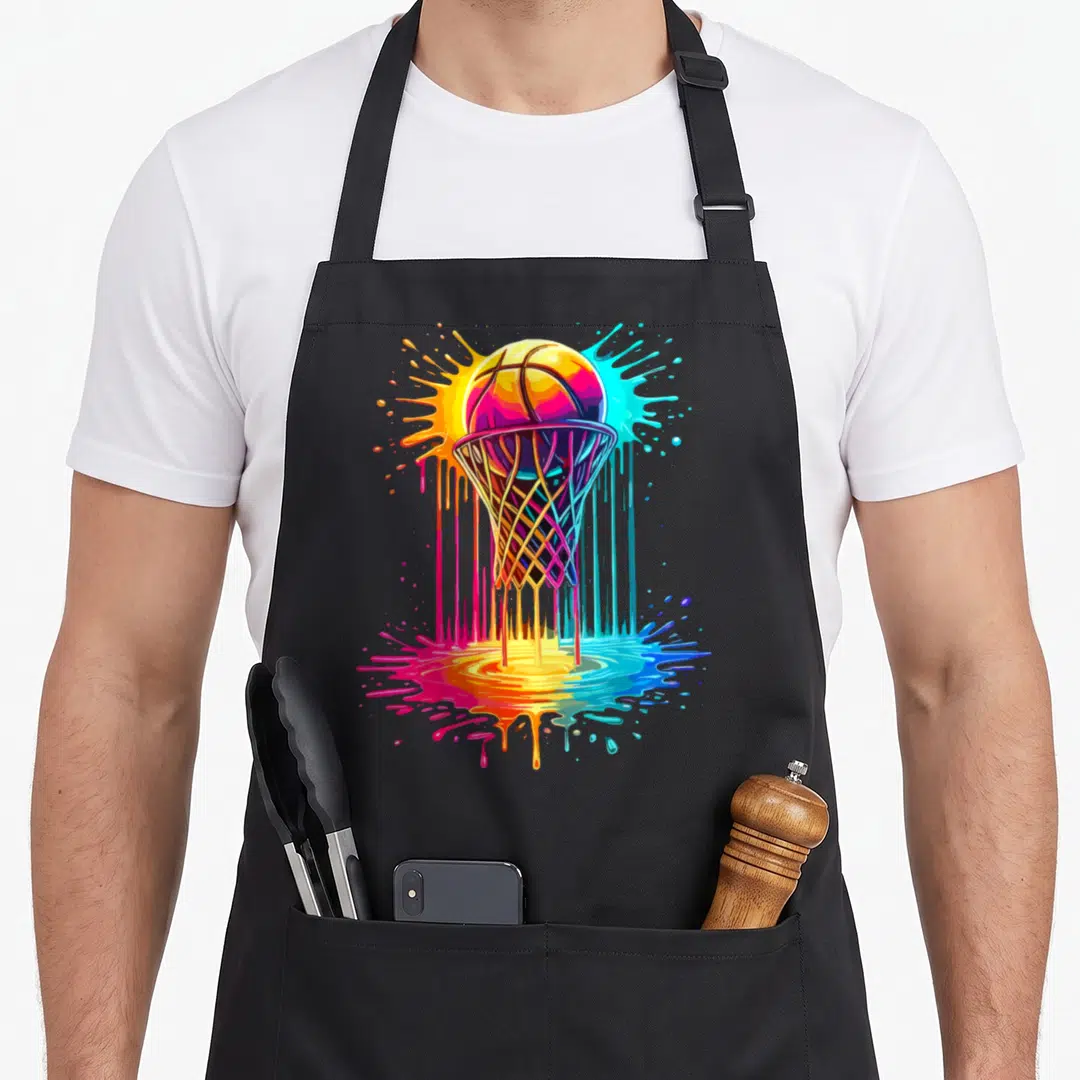 Hoop colorful aprons - Cartoon basketball entering a hoop with dripping orange, yellow, pink, blue, and purple paint — shown on a black cotton canvas apron against a white background