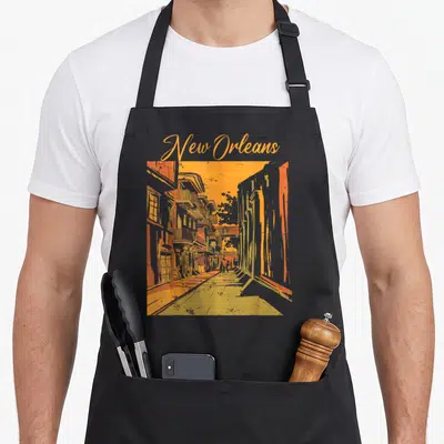 Orlean souvenir louisiana apron - Retro New Orleans street scene print in orange yellow and grey with centered script — shown on a black cotton canvas apron against a white background