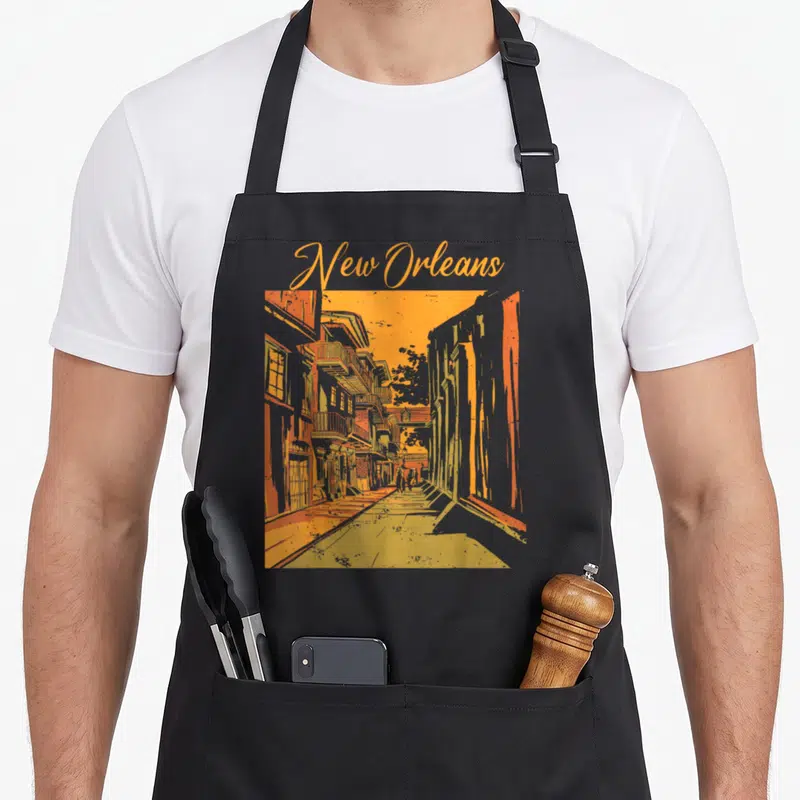 Orlean souvenir louisiana apron - Retro New Orleans street scene print in orange yellow and grey with centered script — shown on a black cotton canvas apron against a white background