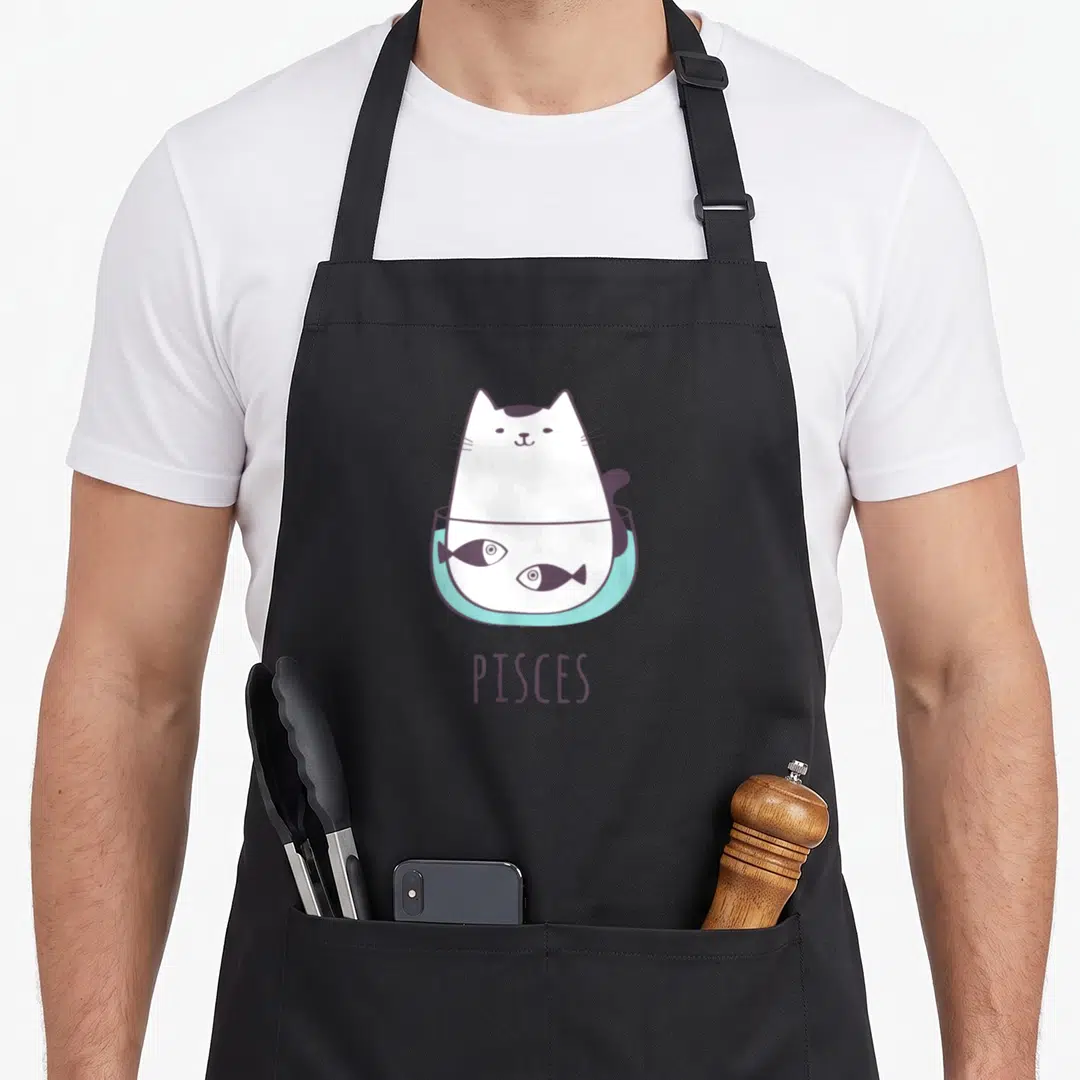 Pisce kitty cat apron - White cat in blue bowl with two purple fish and PISCES text — shown on a black cotton canvas apron against a white background