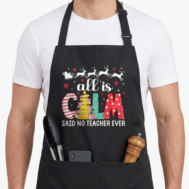Teacher christmas tree apron - Santa sleigh above text where L is a pencil tree reading all is calm said no teacher ever — shown on a black cotton canvas apron against a white background